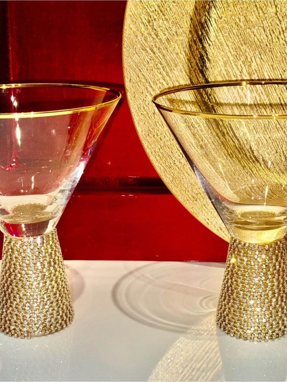 Bling Gold-Trimmed Martini Glasses with Rhinestone Bases